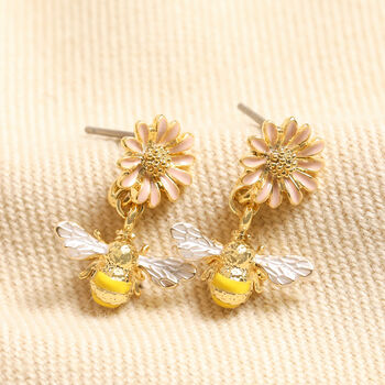 Yellow And Pink Enamel Floral Bee Drop Earrings In Gold, 2 of 4