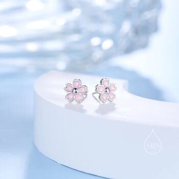 Enamel Cherry Blossom Stud Earrings Sterling Silver, 4 of 10