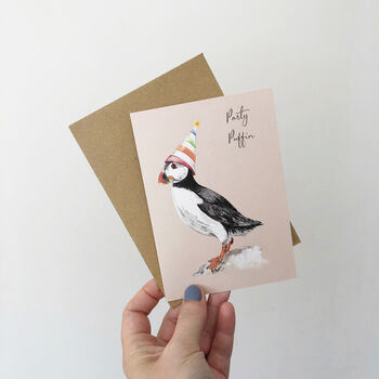 Party Puffin Hand Painted Birthday Card, 2 of 4
