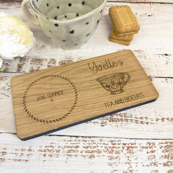 Personalised Oak Coaster Tray Tea And Biscuits Gift, 3 of 8
