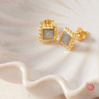 Gray Labradorite Gold Plated Beaded Edged Stud Earrings, 2 of 11