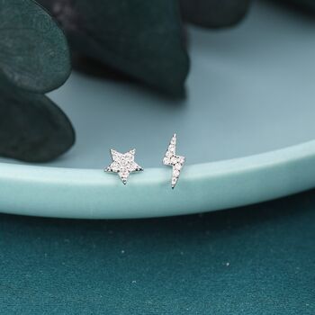 Mismatched Tiny Cz Star Lightning Bolt Stud Earrings, 3 of 8