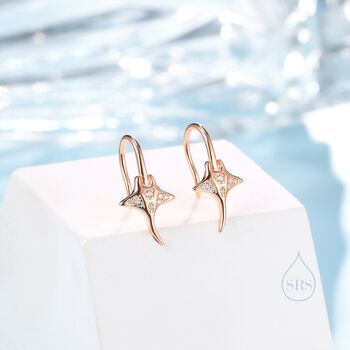 Sterling Silver Manta Ray Fish Drop Hook Earrings With Cz, 6 of 11