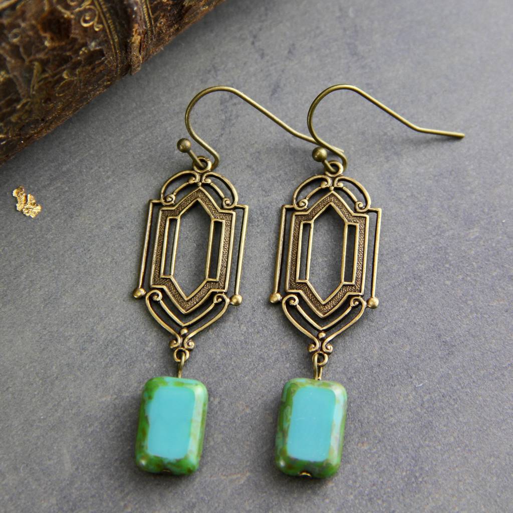 Art Deco Bronze Turquoise Earrings By Vintage By Gaamaa