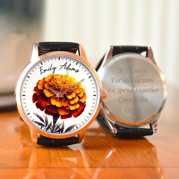Personalised Wrist Watch With Floral Marigold Design, 2 of 3