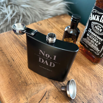 Personalised No.One Dad Scroll Engraved Black Metal Hip Flask 6oz, 3 of 7
