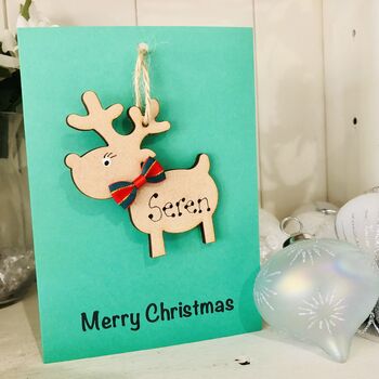 Personalised Reindeer Christmas Card Wooden Decoration, 8 of 9