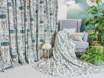 Cotton Blue And Beige Blackout Eyelet Curtains, 2 of 10