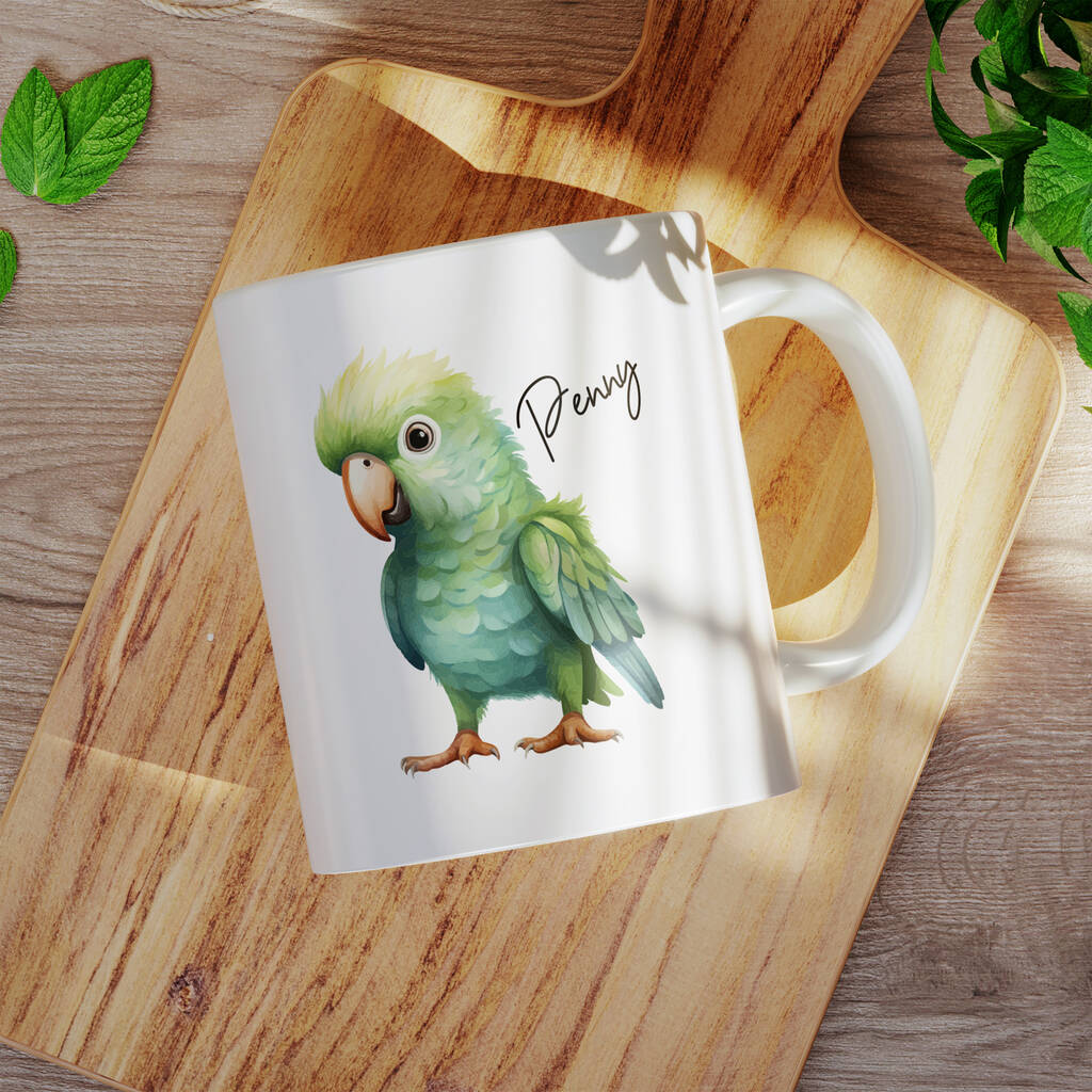 Personalised Name Painted Parrot Office Gift Mug By GigglyFox