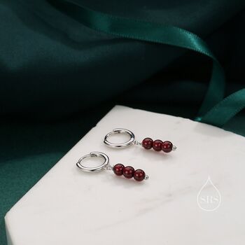 Sterling Silver Genuine Garnet Stone Trio Huggie Hoop Earrings, 2 of 10