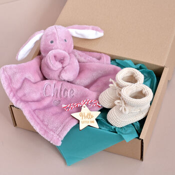 Personalised Dusty Pink Bunny Comforter And Booties Gift, 9 of 9