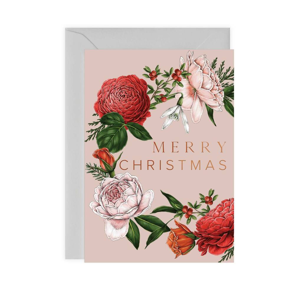 Pink Christmas Card, Rose Wreath, Copper Foil By Catherine Lewis Design