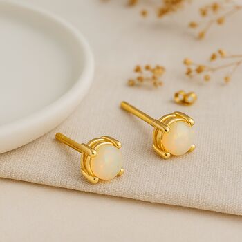 Solid 9ct Yellow Gold October Ethiopian Opal Birthstone Stud Earrings, 2 of 7