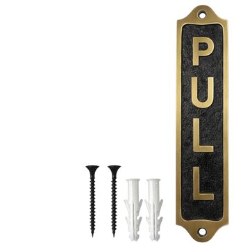Classic Brass Vertical “Pull” Door Plaque With Black Finish, 3 of 5
