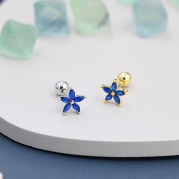 Sapphire Blue Cz Flower Screw Back Earrings, 5 of 11