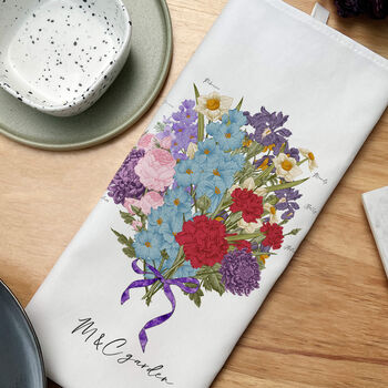 Hand Illustrated Birth Flower Family Bunch Tea Towel, 6 of 9
