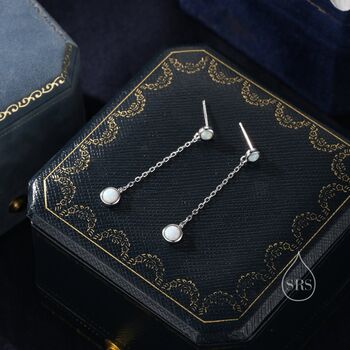 Double White Opal Dangle Chain Stud Earrings, 4 of 12