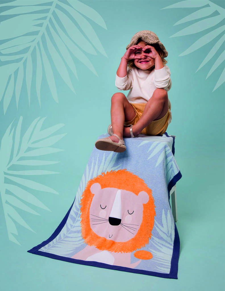 Personalised Bold And Bright Knitted Lion Baby Blanket By The Alphabet