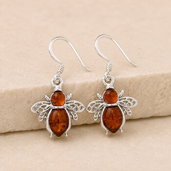 Sterling Silver Baltic Amber Bee Drop Earrings, 2 of 6