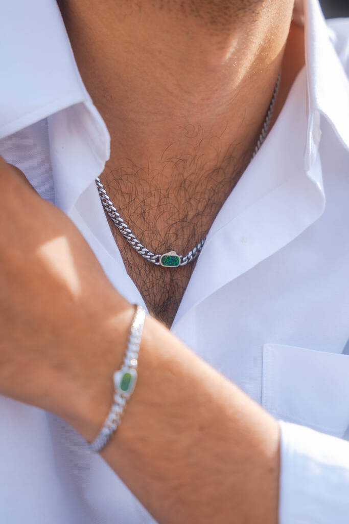 Silver Opal Gemstone Cuban Necklace Chain For Men, 1 of 12