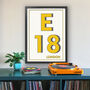 E18 Woodford London Typography Postcode Print, thumbnail 1 of 10