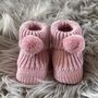 Rose Pink Knitted Baby Booties With Pom Pom, thumbnail 1 of 8