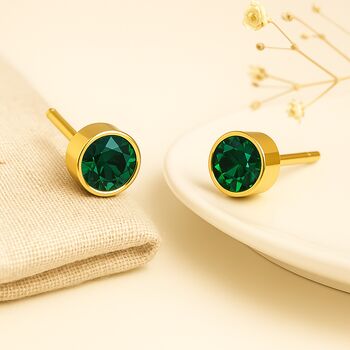 Gold Plated Sterling Silver May Emerald Birthstone Stud Earrings, 2 of 7