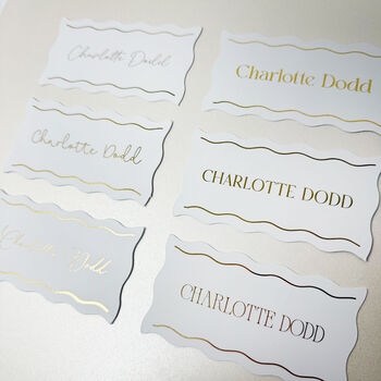 Personalised White Wavy Edge Line Wedding And Event Gold Foiled Place Cards, 3 of 5