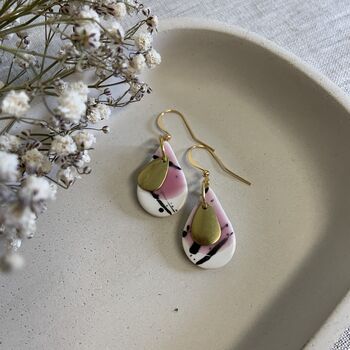 Pink Teardrop Ceramic Dangle Earrings Gold Plated, 6 of 6