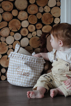 Personalised Beige Gingham Ruffle Basket, 3 of 11