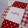 Strawberry And Cream Patchwork Name Cushion, thumbnail 3 of 5