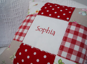 Strawberry And Cream Patchwork Name Cushion, 3 of 5