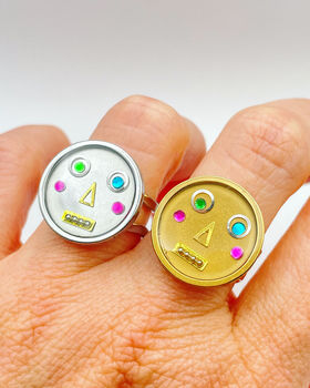 Statement Ring With Cute Robot Faces In Gold Or Silver, 7 of 10