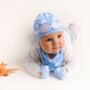 Blue Clouds Hat, Bib And Mittens Set, thumbnail 3 of 4