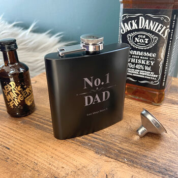 Personalised No.One Dad Scroll Engraved Black Metal Hip Flask 6oz, 5 of 7