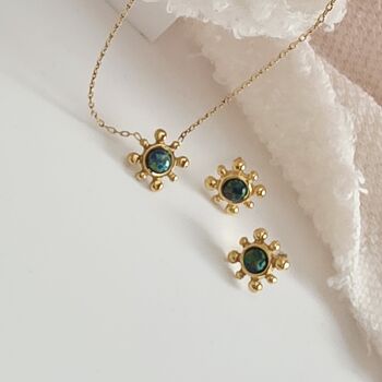 18k Gold Sunburst Australian Green Blue Opal Necklace And Stud Earrings Set, 6 of 12