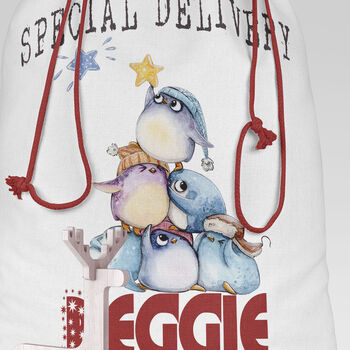 Whimsical Christmas Sack With Tumbling Penguin Friends, 4 of 4