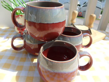 Set Of Four Reactive Glaze Sphere Mugs In Maroon And Grey Mist Haze, 6 of 9