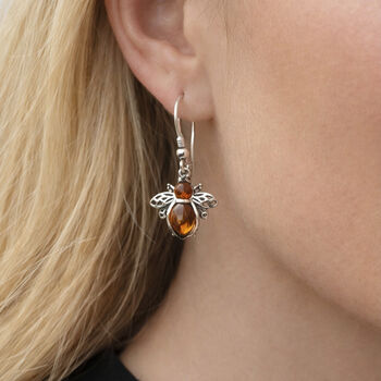 Sterling Silver Baltic Amber Bee Drop Earrings – 15mm, 2 of 5