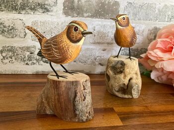 Hand Carved Wooden Wren Ornament Garden Bird Figurine, 7 of 10