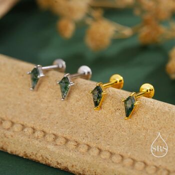 Sterling Silver Natural Kite Cut Moss Agate Internally Threaded Flat Back Earrings, 6 of 11