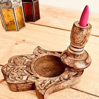 Handmade Mango Wood Backflow Hamsa Hand Incense Holder, 4 of 5