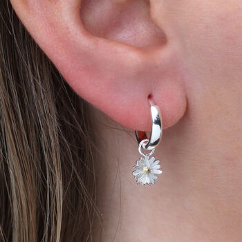 Sterling Silver Daisy Charm Huggie Hoop Earrings, 2 of 6