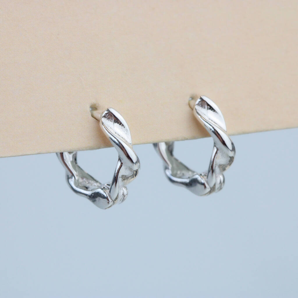 Sterling Silver Tiny Twisted Huggie Hoop Earrings, 1 of 4