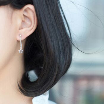 Sterling Silver Star Dangle Chain Loop Stud Earrings, 2 of 4