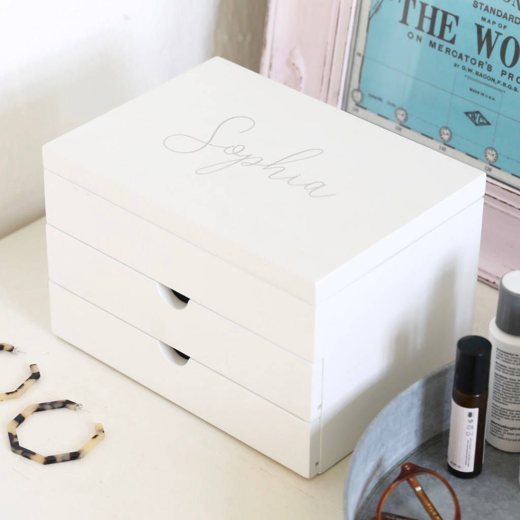 Personalised Name White Jewellery Box With Drawers, 1 of 6