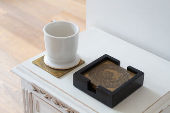 Yoga Themed Coaster Set, Wood And Brass, 7 of 12