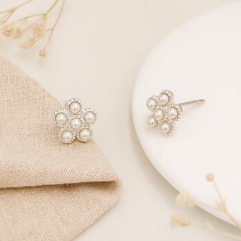 Sterling Silver Faux Pearl Flower Stud Earrings, 7 of 7