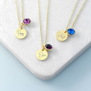 Personalised Gold Birthstone Crystal And Disc Necklace, 7 of 12