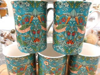 Set Of Six Straight Mugs In Teal Strawberry Thief Design, 8 of 10